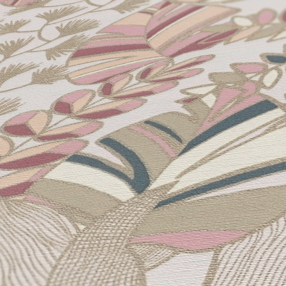             Papier peint intissé avec grandes feuilles légèrement brillantes - rose, blanc, or
        