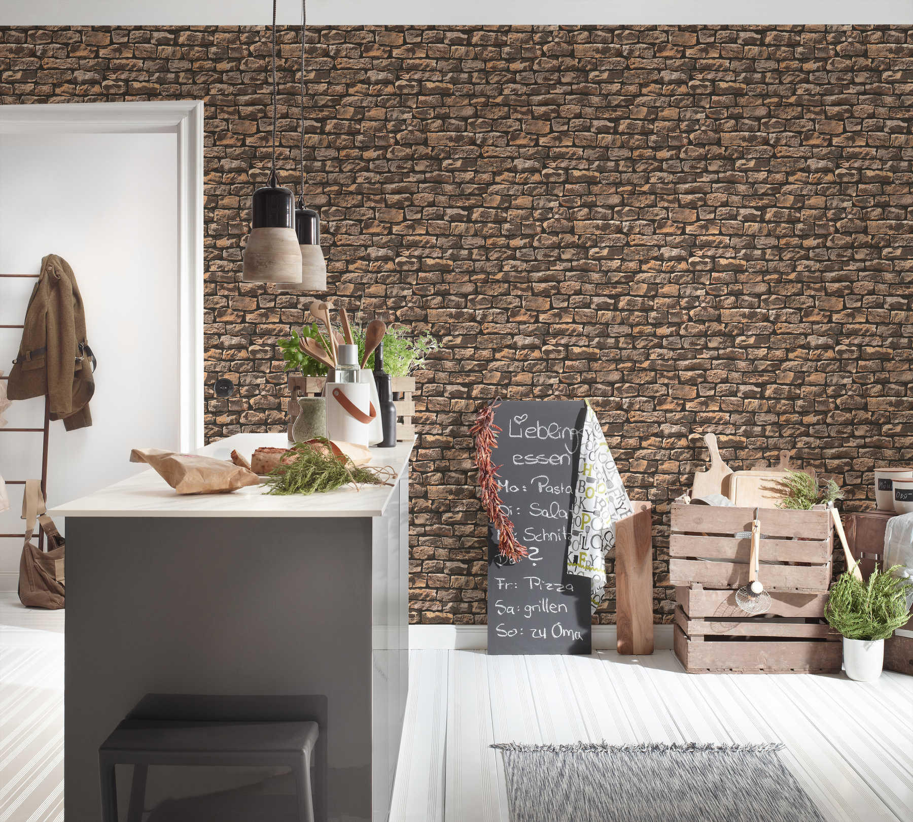             Masonry wallpaper with realistic natural stones - brown, beige, black
        