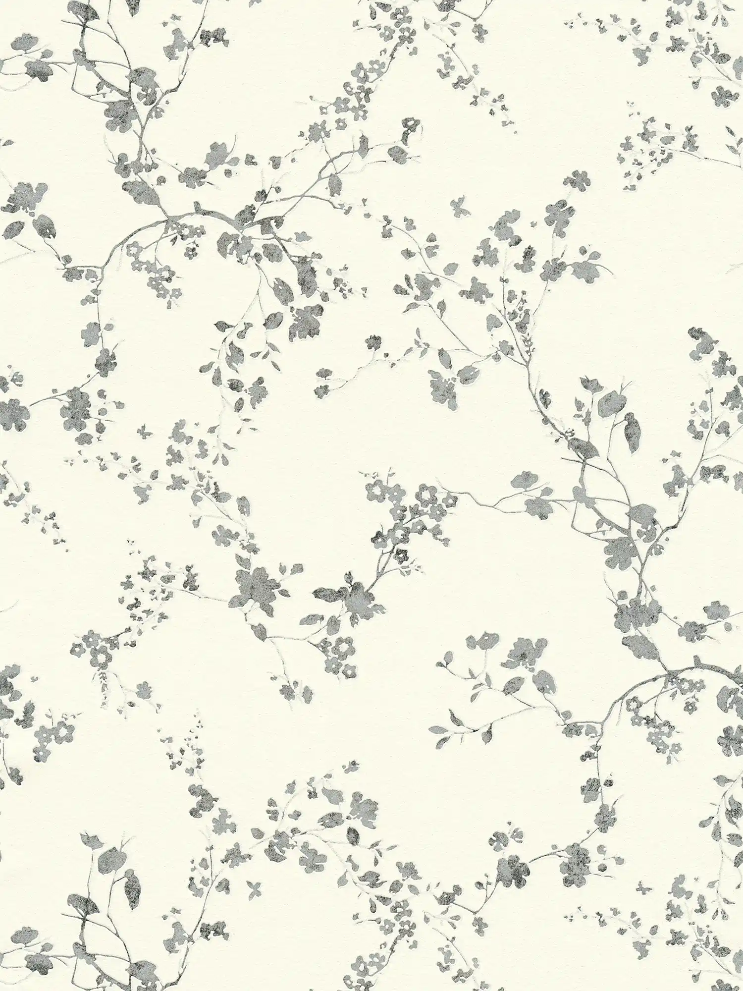 Papel pintado no tejido con flores en estilo campestre - plata, negro, blanco
