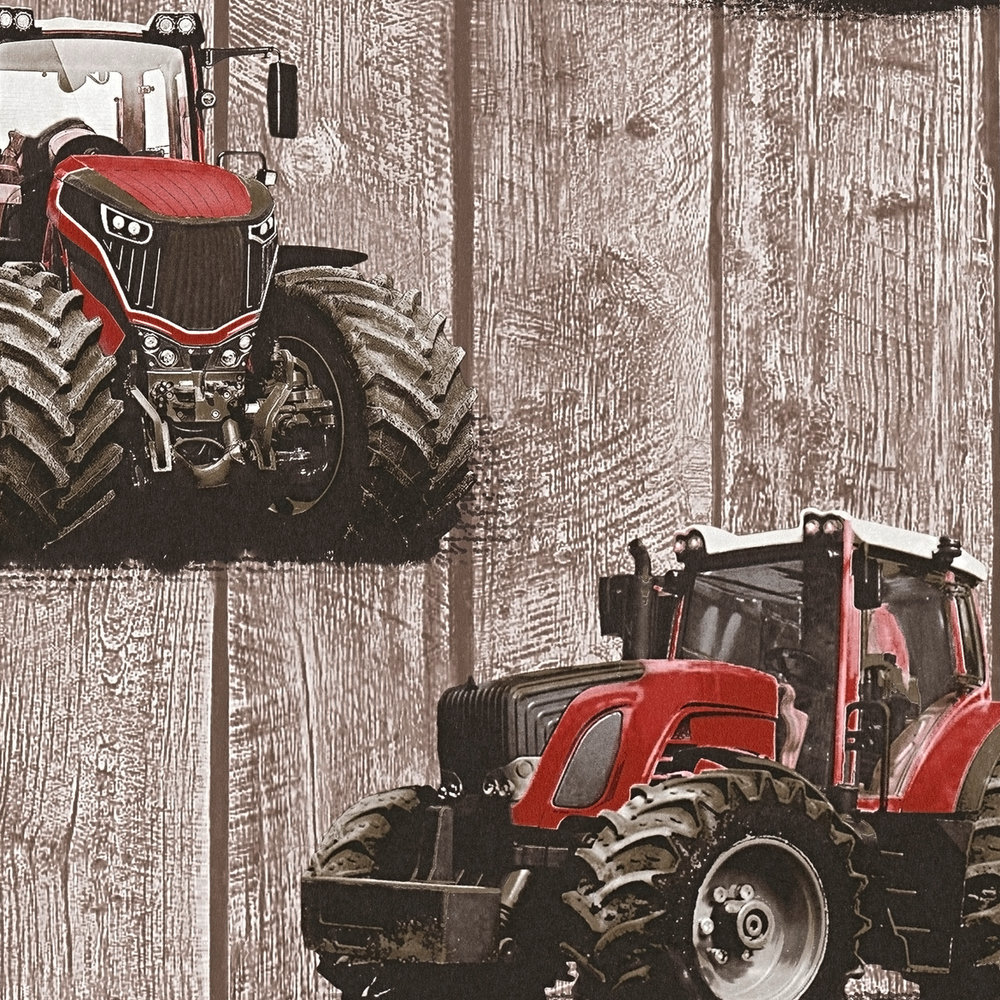             Papel pintado de granja Tractor y aspecto de madera para niños - Marrón, Rojo
        