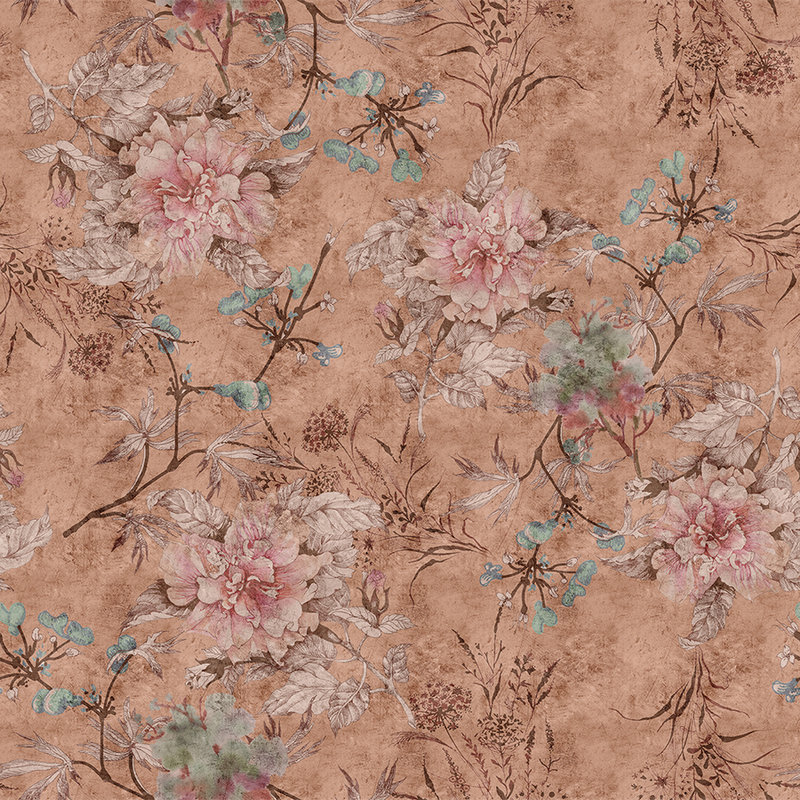 Tenderblossom 3 - vintage style floral pattern digital print wallpaper - pink, red | texture non-woven
