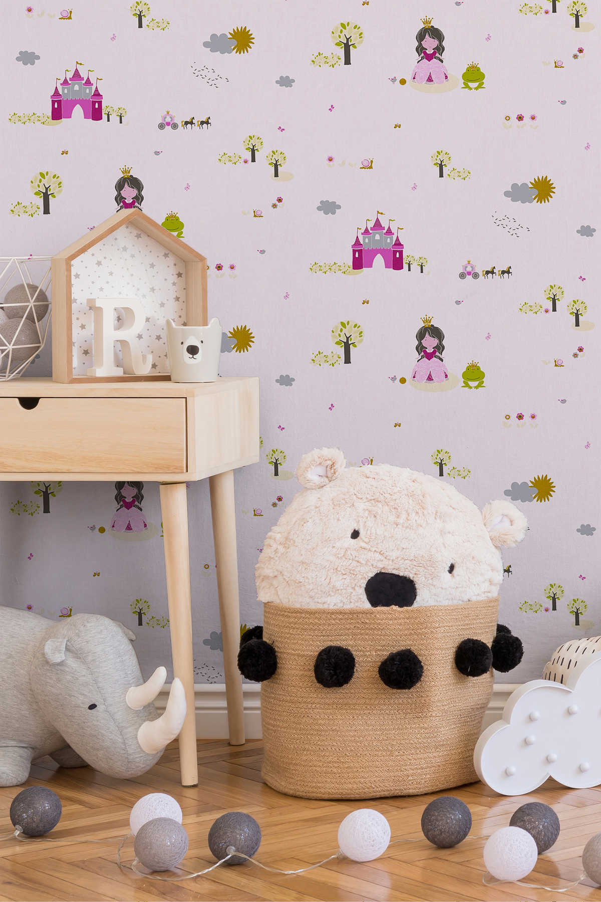             Fairy tale wallpaper for Nursery - colourful, pink
        