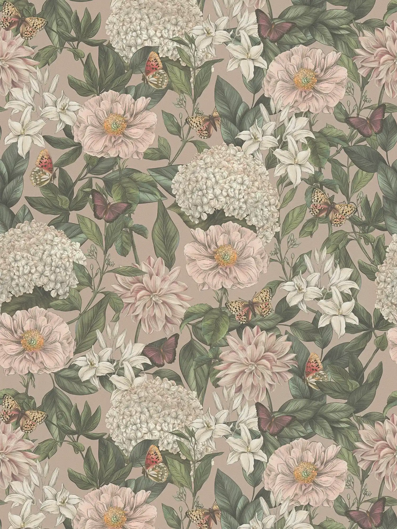 Floral wallpaper modern with animals & flowers textured matt - pink, green, white
