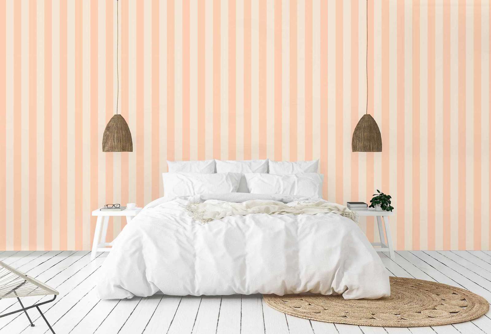            Non-woven wallpaper with block stripes in soft shades - cream, pink
        