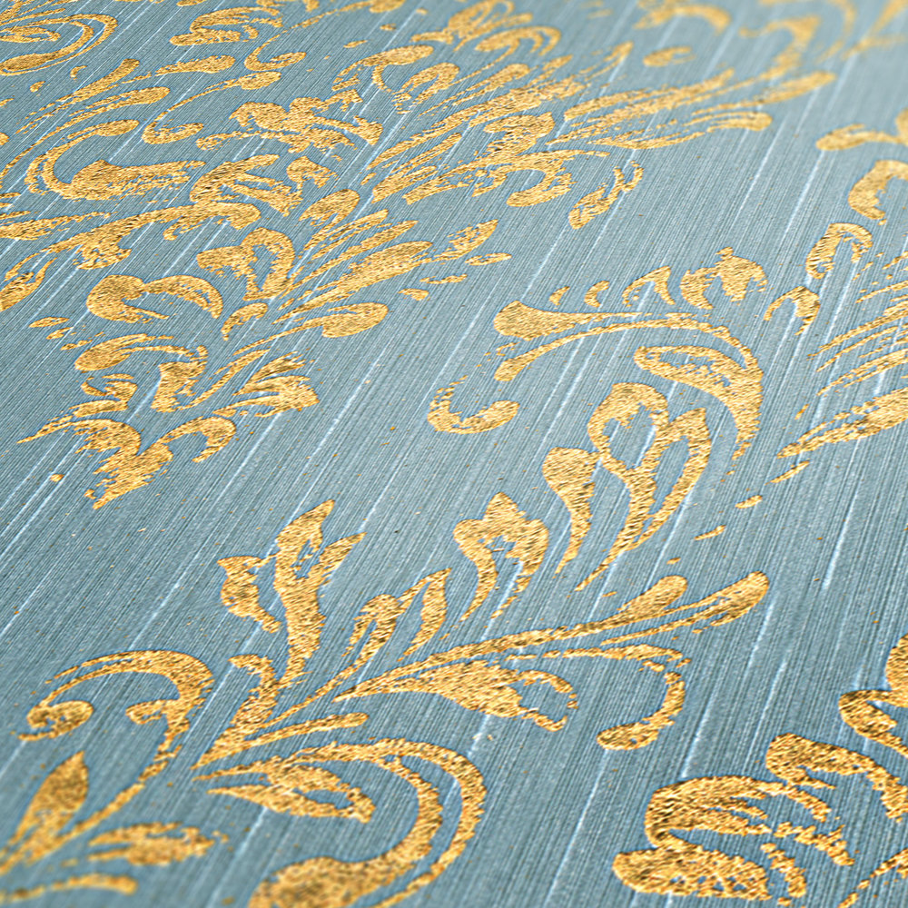             Papel pintado ornamental floral con efecto de brillo dorado - oro, azul, verde
        