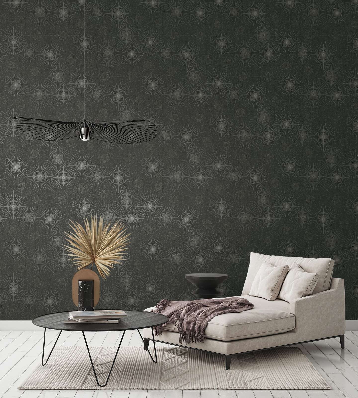             Retro wallpaper 50s starburst motif - black, metallic
        
