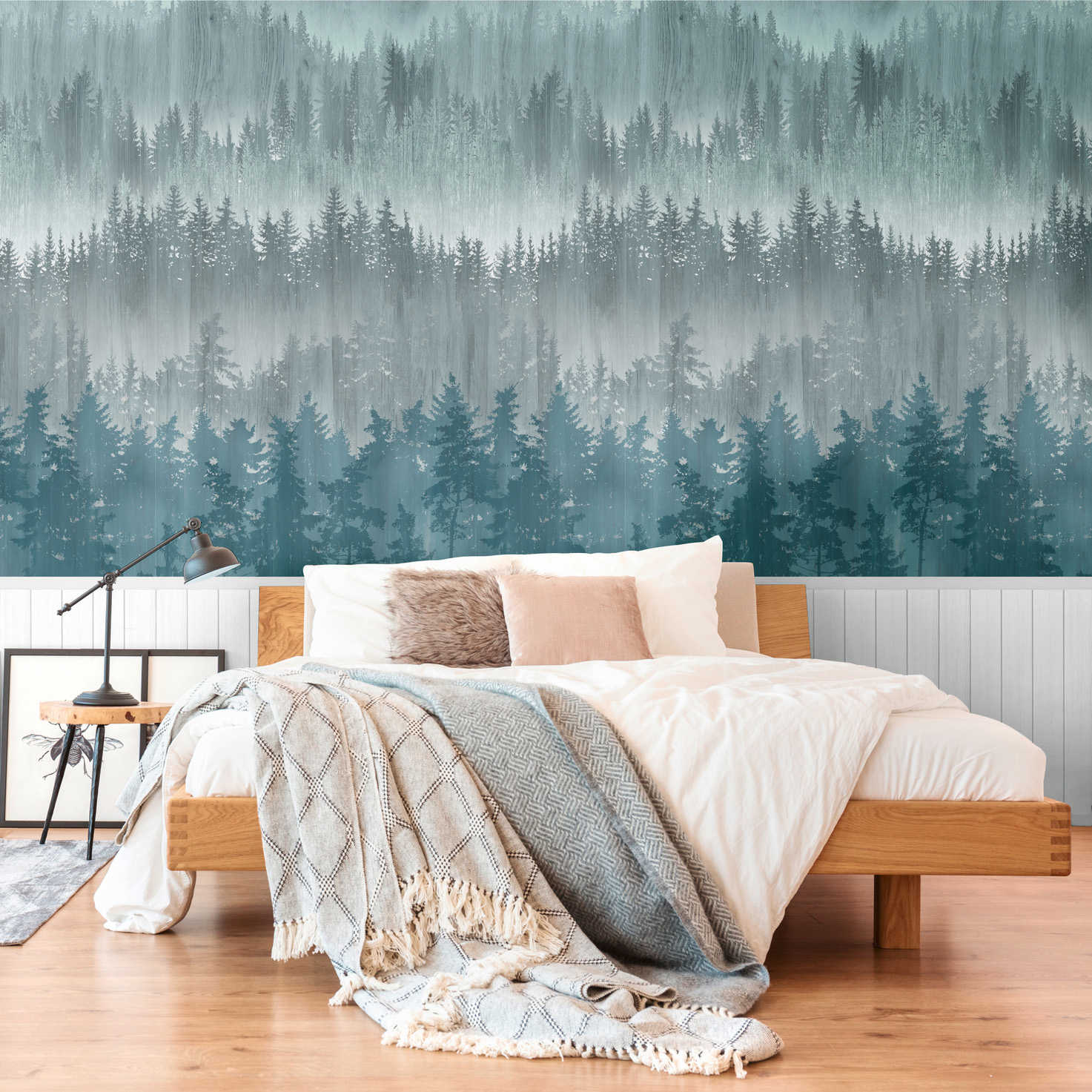 Non-woven motif wallpaper with wood-effect plinth border and forest pattern - white, turquoise
