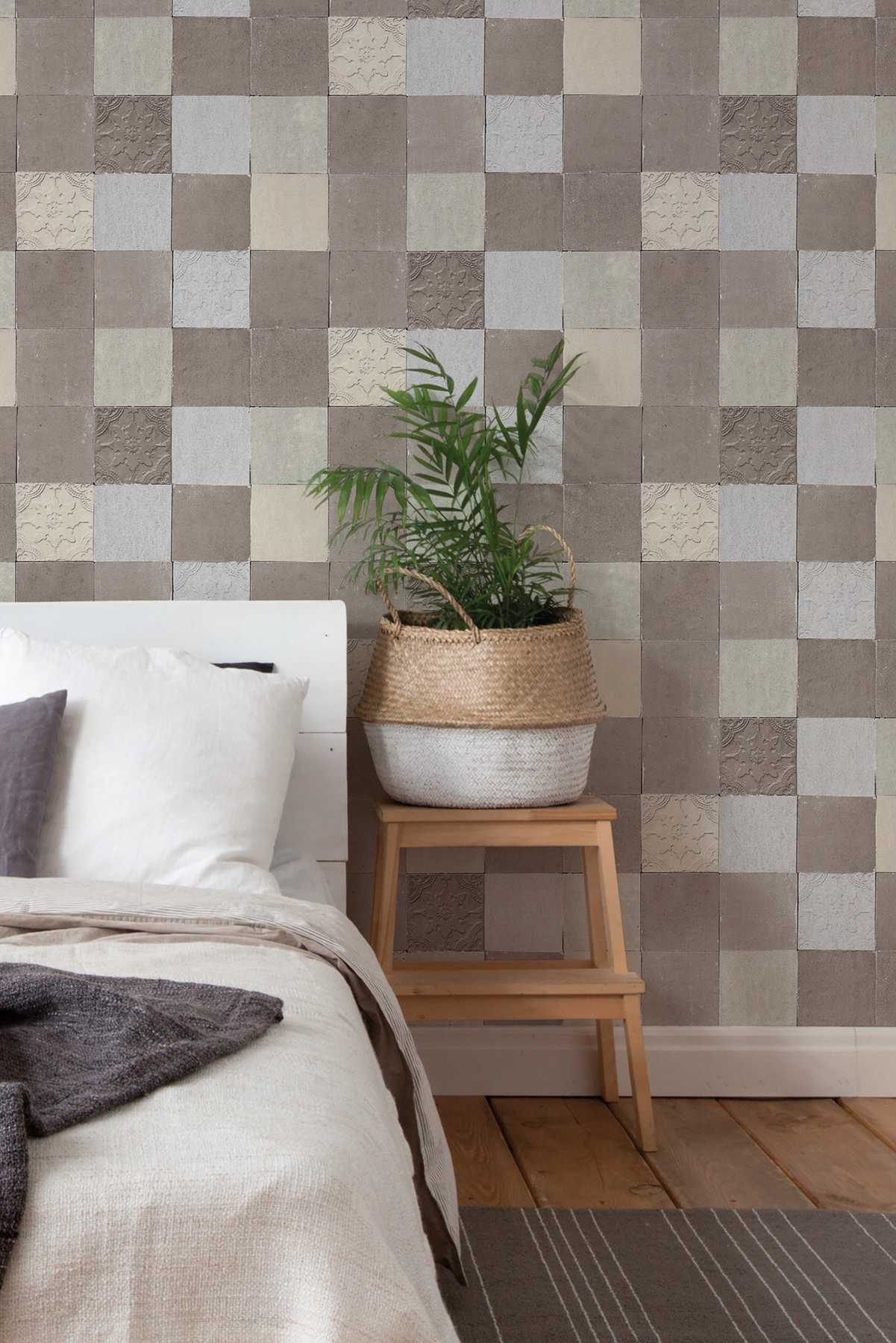             Tile wallpaper oriental mosaic - grey, cream
        