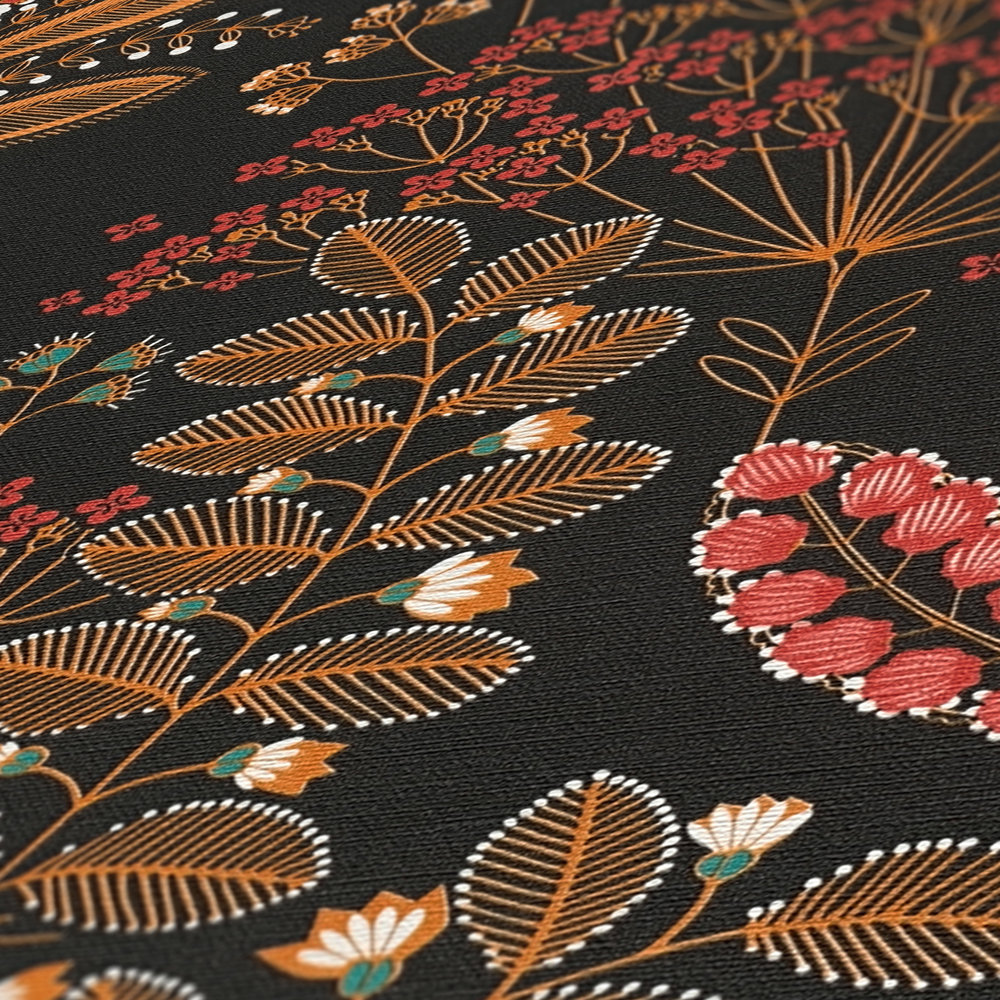             Papel pintado tejido-no tejido floral con hojas en estilo retro ligeramente texturado, mate - negro, multicolor, petróleo
        