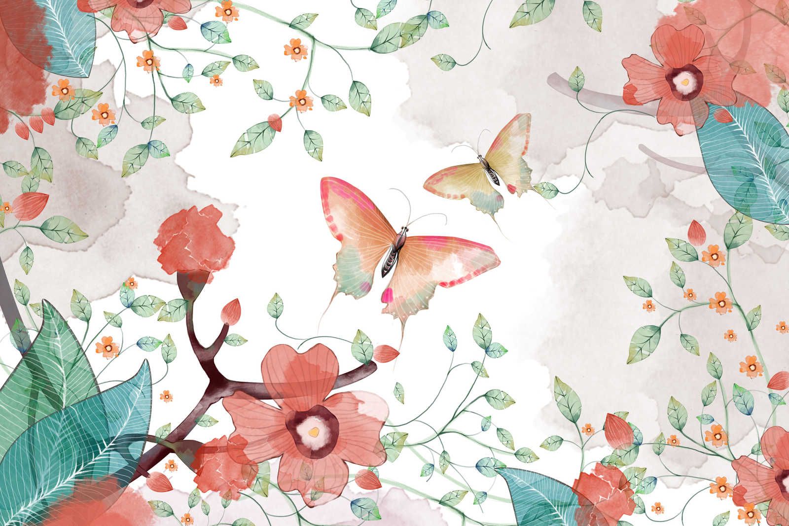             Canvas bloemen met bladeren en vlinders - 90 cm x 60 cm
        