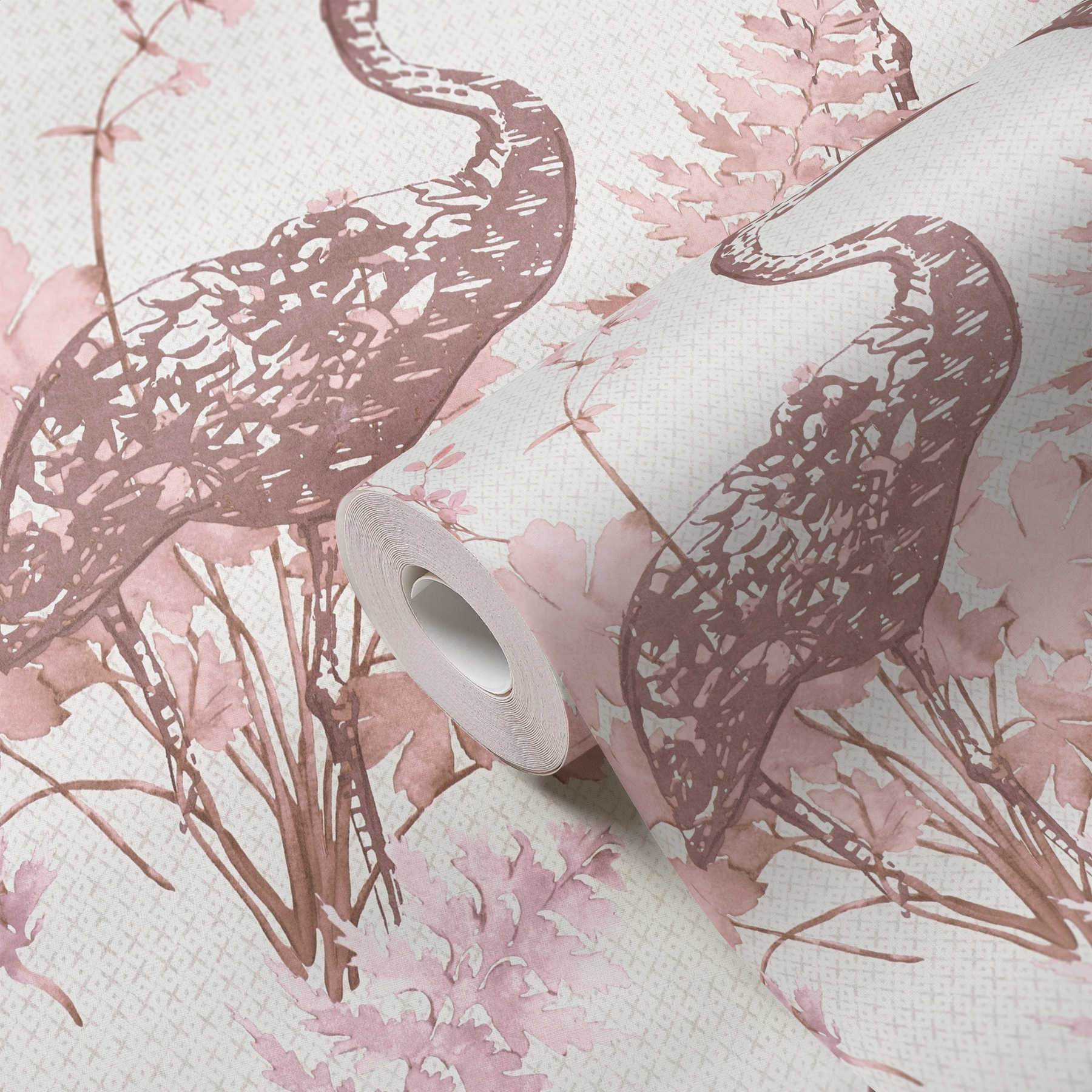             behang natuur vogels & bladeren in aquarelstijl - beige, roze
        