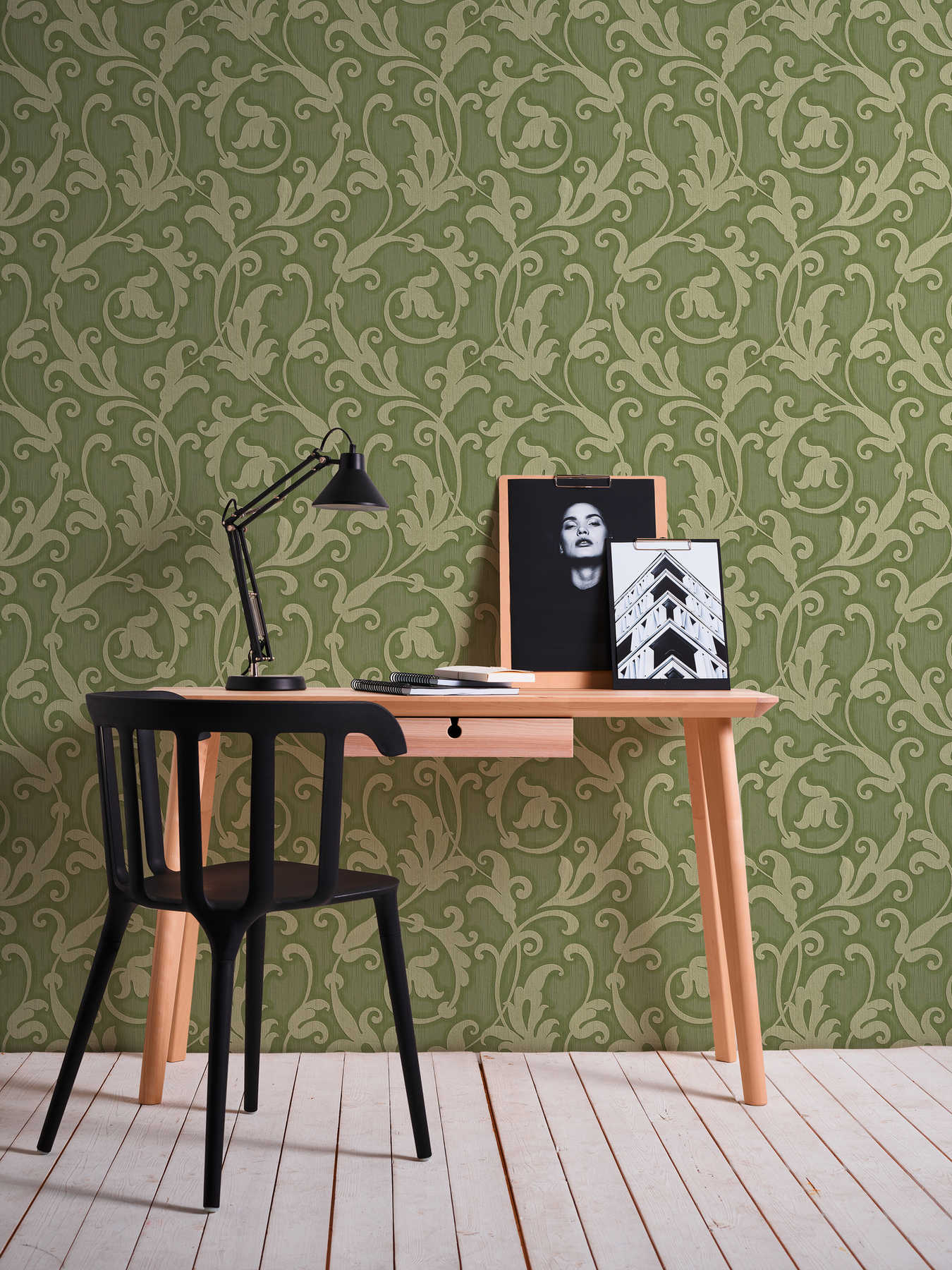             Non-woven wallpaper with 3D ornamental pattern & texture design - green, metallic
        