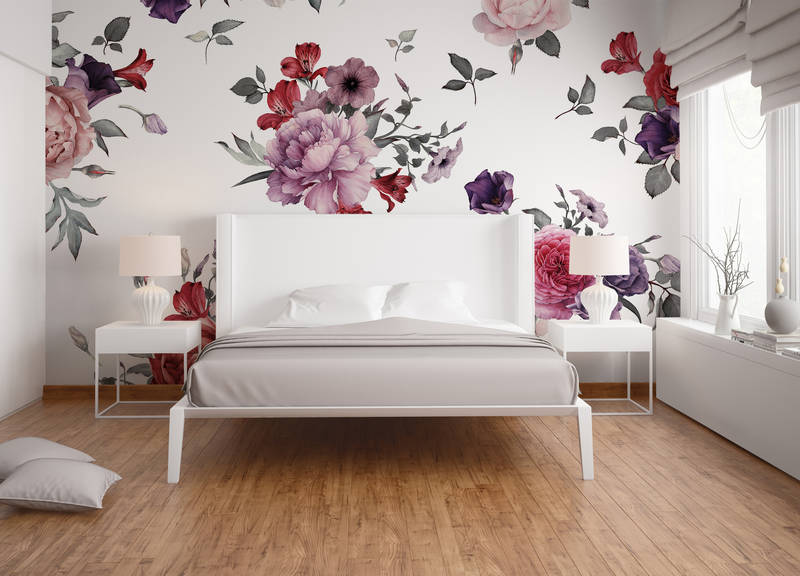             Papier peint panoramique fleurs romantiques - rose, blanc, rouge
        