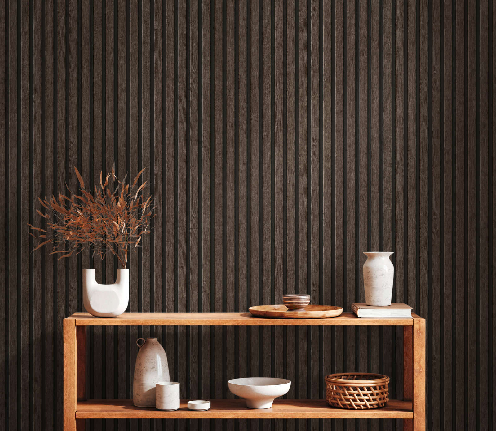             Wood panel wallpaper with fine structure - brown
        