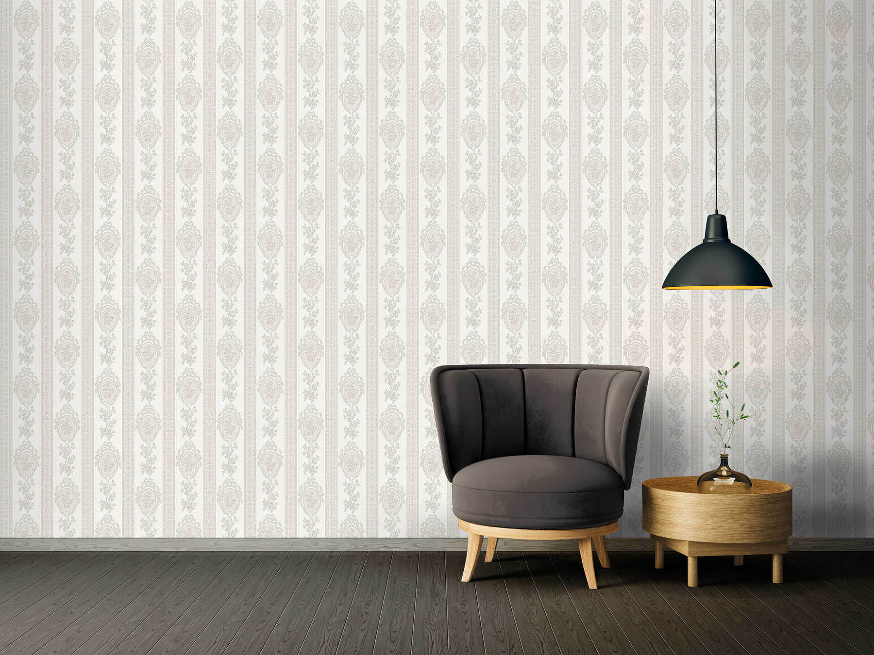             Ornamental wallpaper floral elements, stripes and flowers - grey, white, silver
        