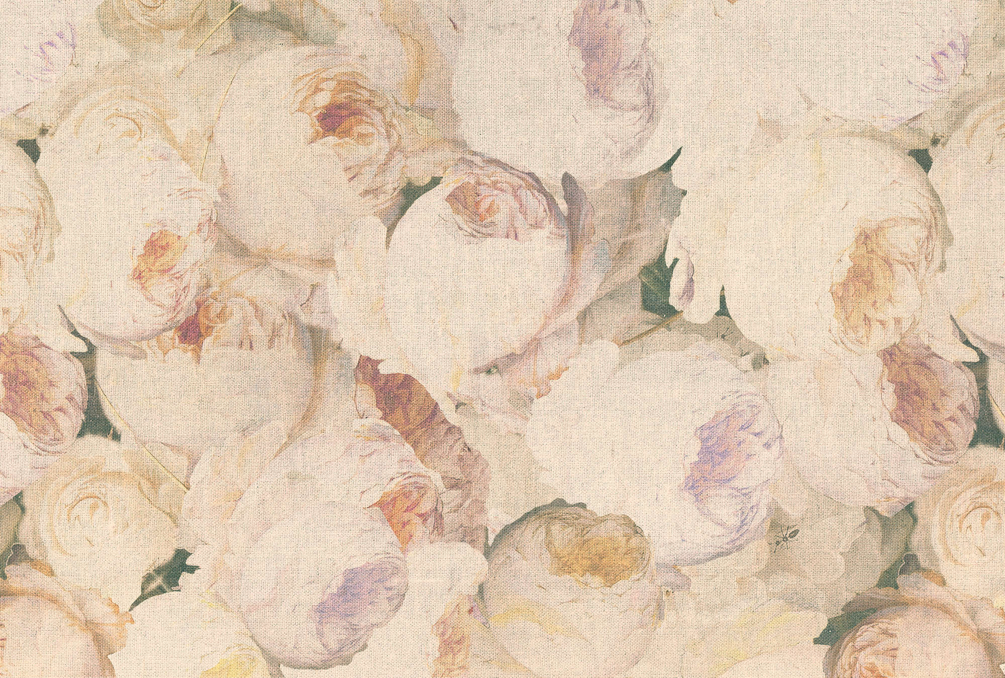             Carta da parati effetto lino con rose e fiori - Crema, rosa
        