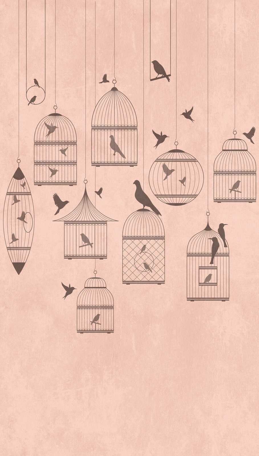            Carta da parati novità - Carta da parati con motivo rosa, uccello canterino e voliera vintage
        