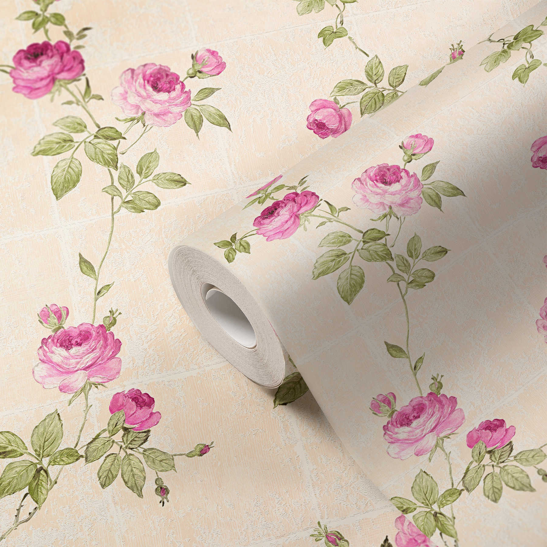             Tile look wallpaper with rose vines - beige, green, pink
        