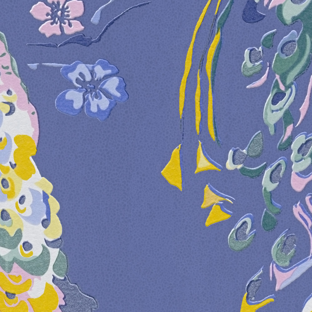             Papel pintado no tejido con motivo de pavo real y efecto brillante - azul, rosa, multicolor
        
