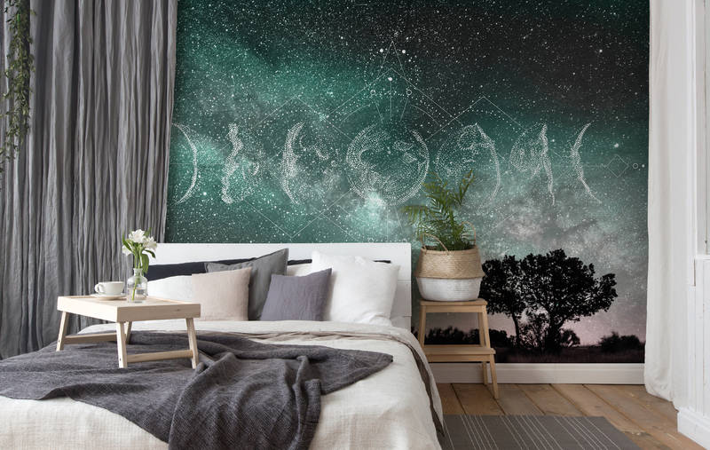             Papier peint panoramique boho ciel nocturne, étoiles & phases de lune - vert, bleu, blanc
        