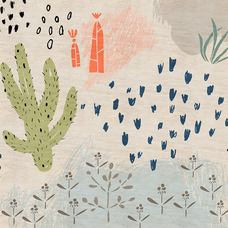 Crayon garden2 - behang kinderkamer in multiplex structuur, naïeve kunst - Beige, Blauw | Mat glad vlies
