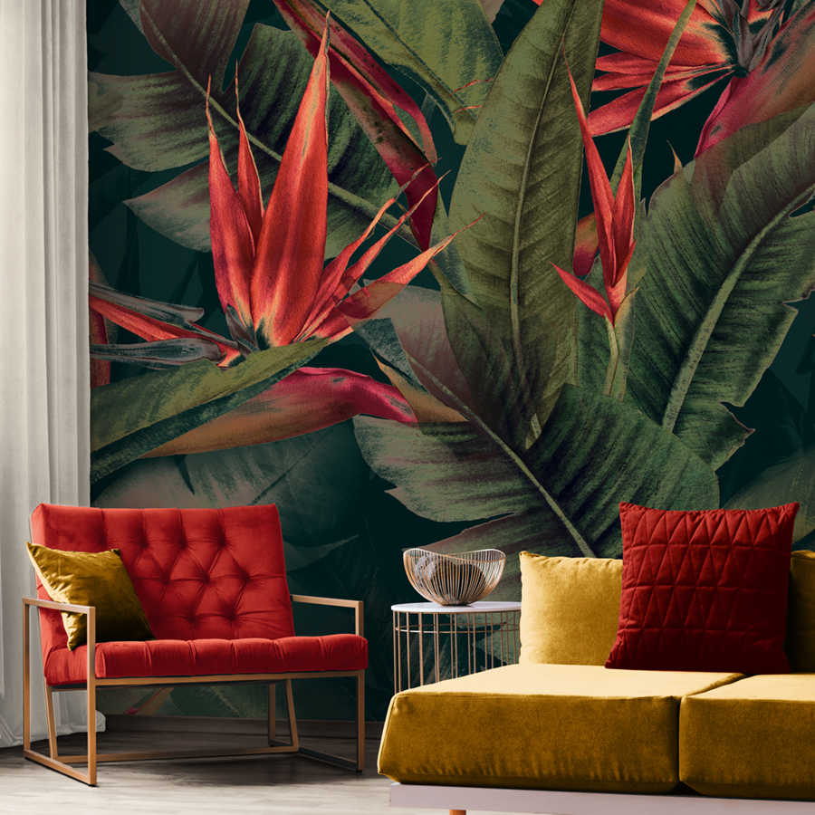         Jungle mural green with red bird of paradise flowers
    