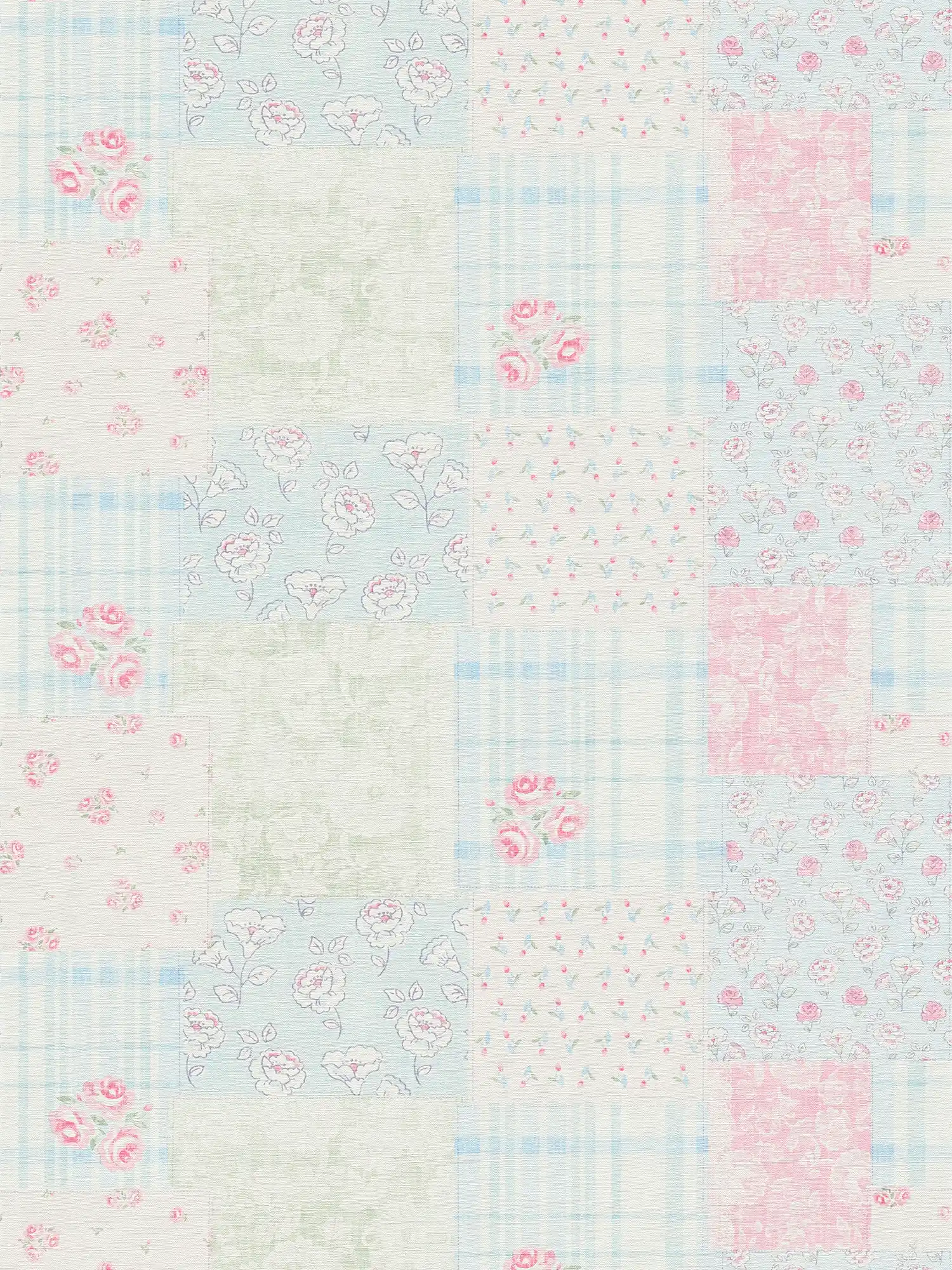 Country style non-woven wallpaper floral - blue, pink, white
