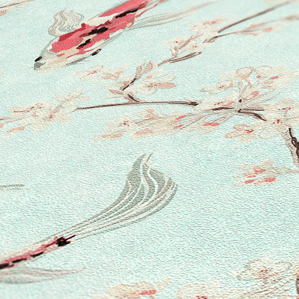             Papel pintado no tejido de estilo asiático con motivos koi - azul, rojo, beige
        