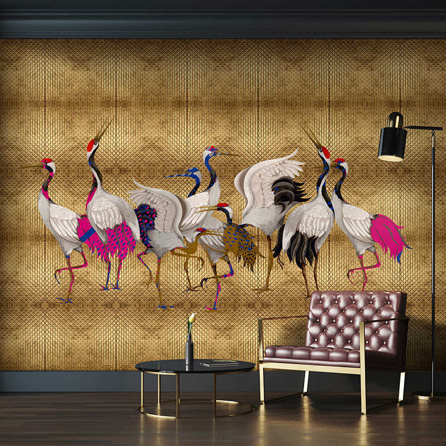 Land of Happiness 1 - Metallic wall mural gold with colourful crane motif
