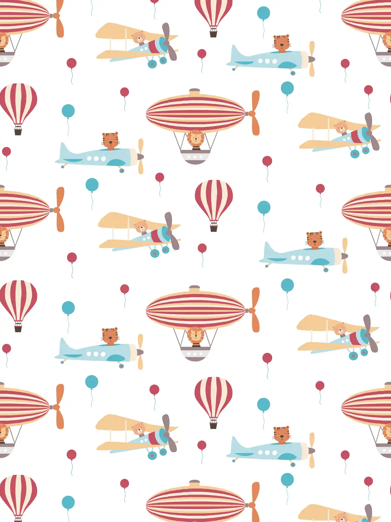 Nursery wallpaper airplane & balloons - colourful, red, blue
