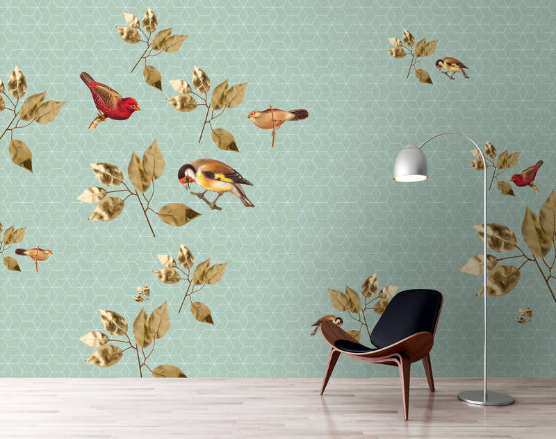             Brillant Birds 2 - Papier peint panoramique naturel design géométrique-structure lin naturel - vert, turquoise | Intissé lisse mat
        