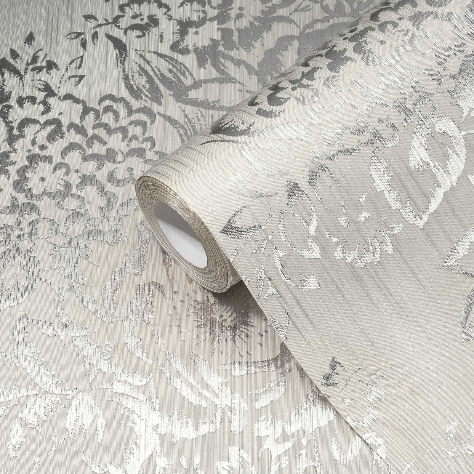             Textured wallpaper with silver floral pattern - silver, grey
        