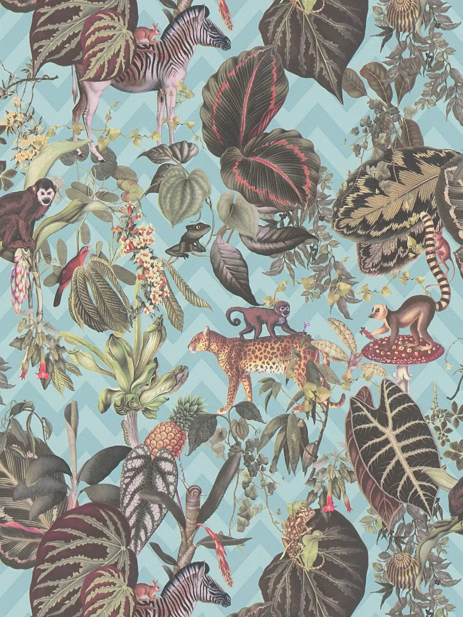 Designer wallpaper MICHALSKY jungle leaves & animals - blue, colourful, green
