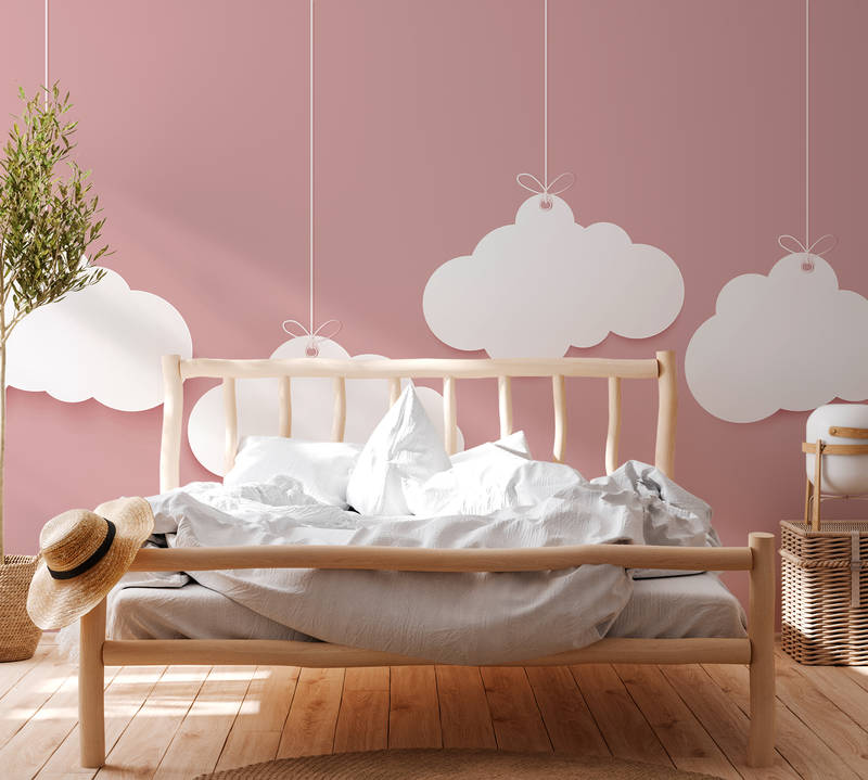             Kids room clouds mural - pink, white
        