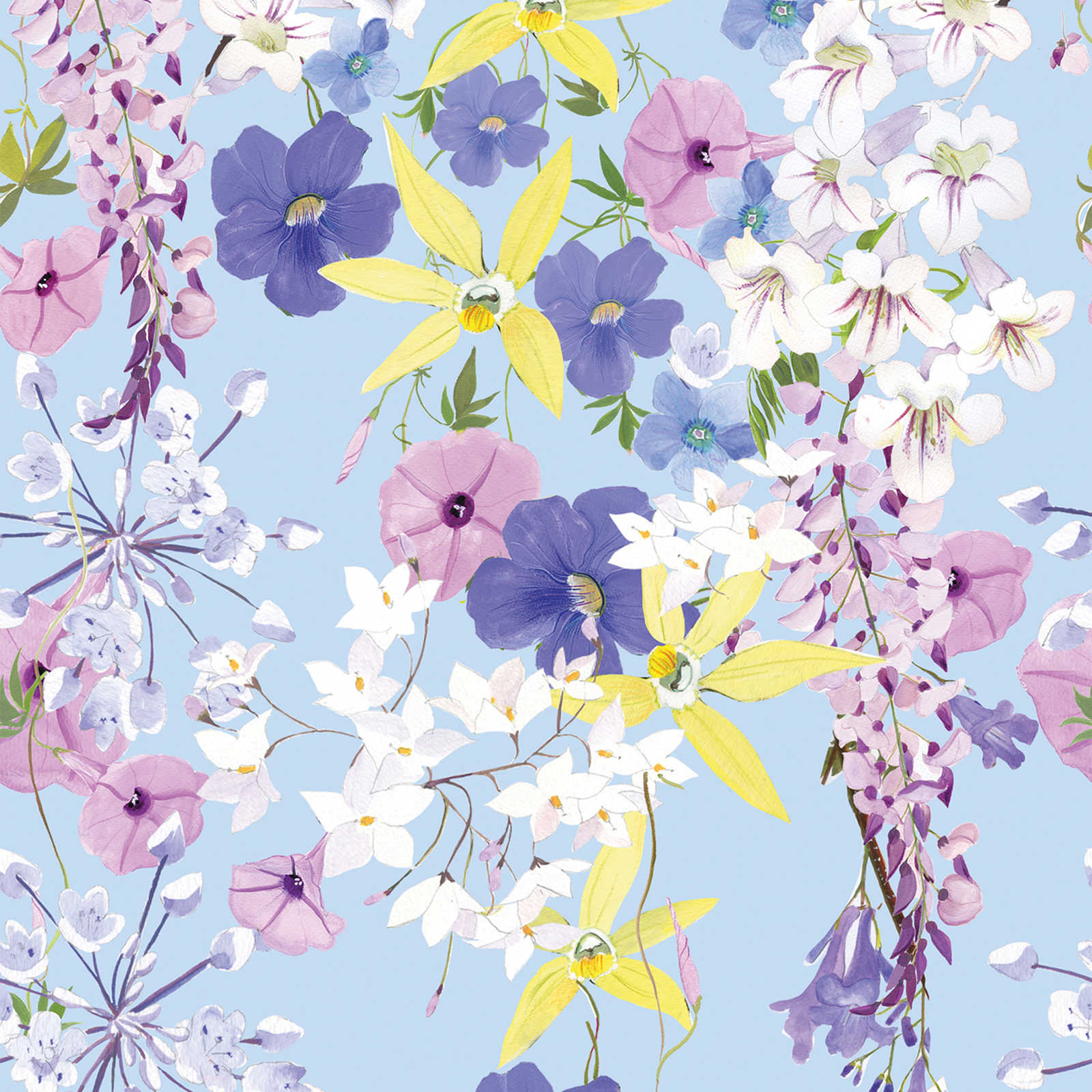 Flower motif wallpaper in cool colours - multicoloured, lilac, yellow

