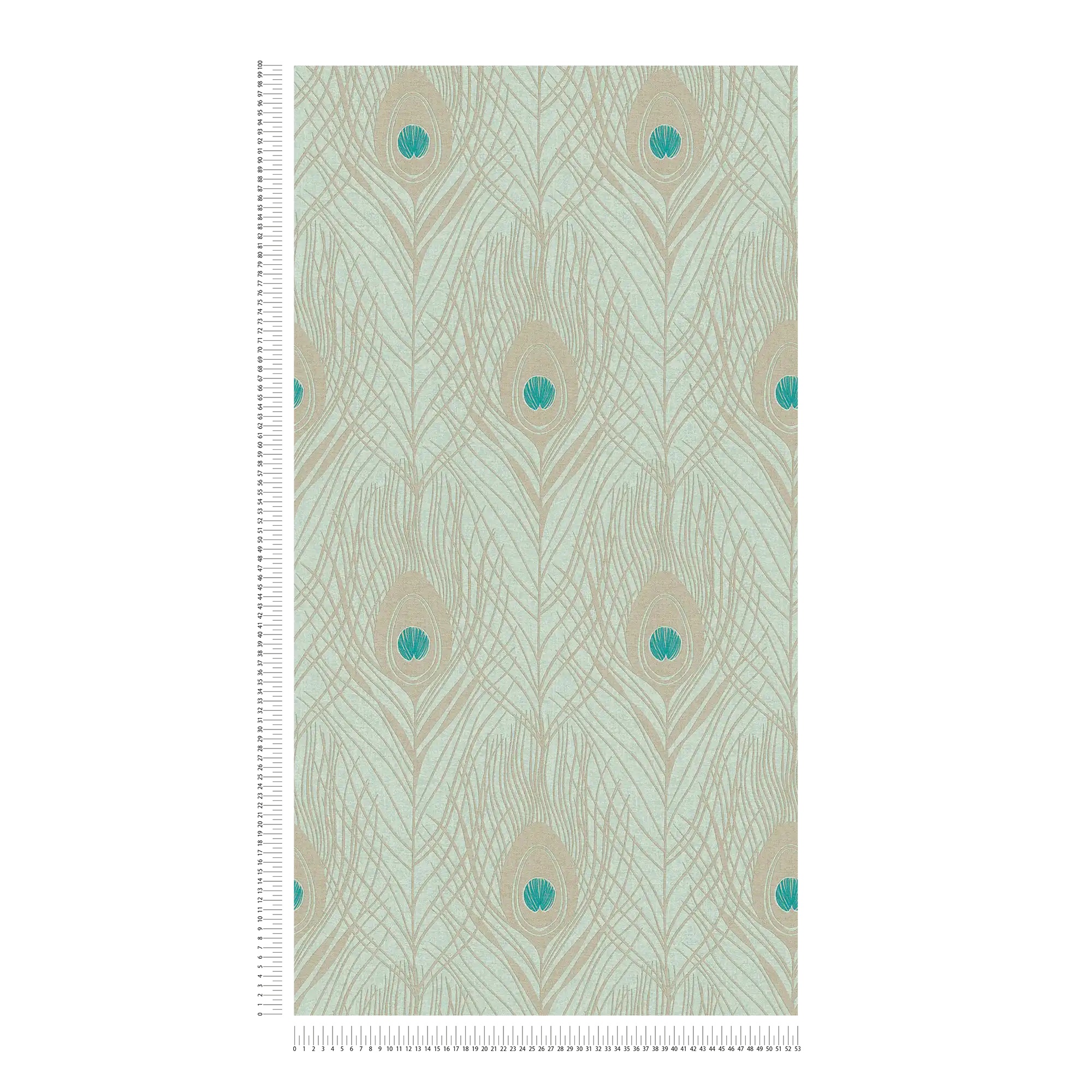             Carta da parati in tessuto non tessuto verde chiaro con piume di pavone dall'aspetto metallico - verde, blu, oro
        