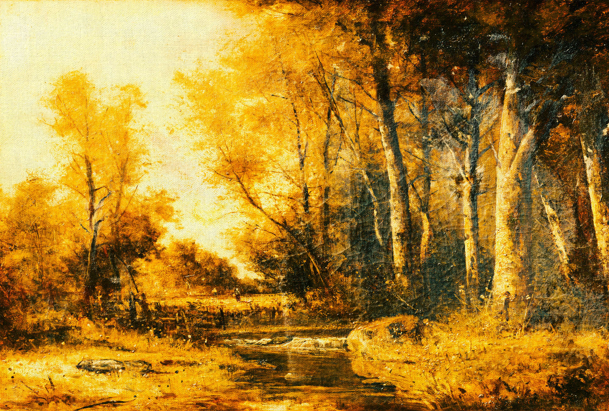             Photo wallpaper landscape, forest & river in art style - yellow, orange, black
        