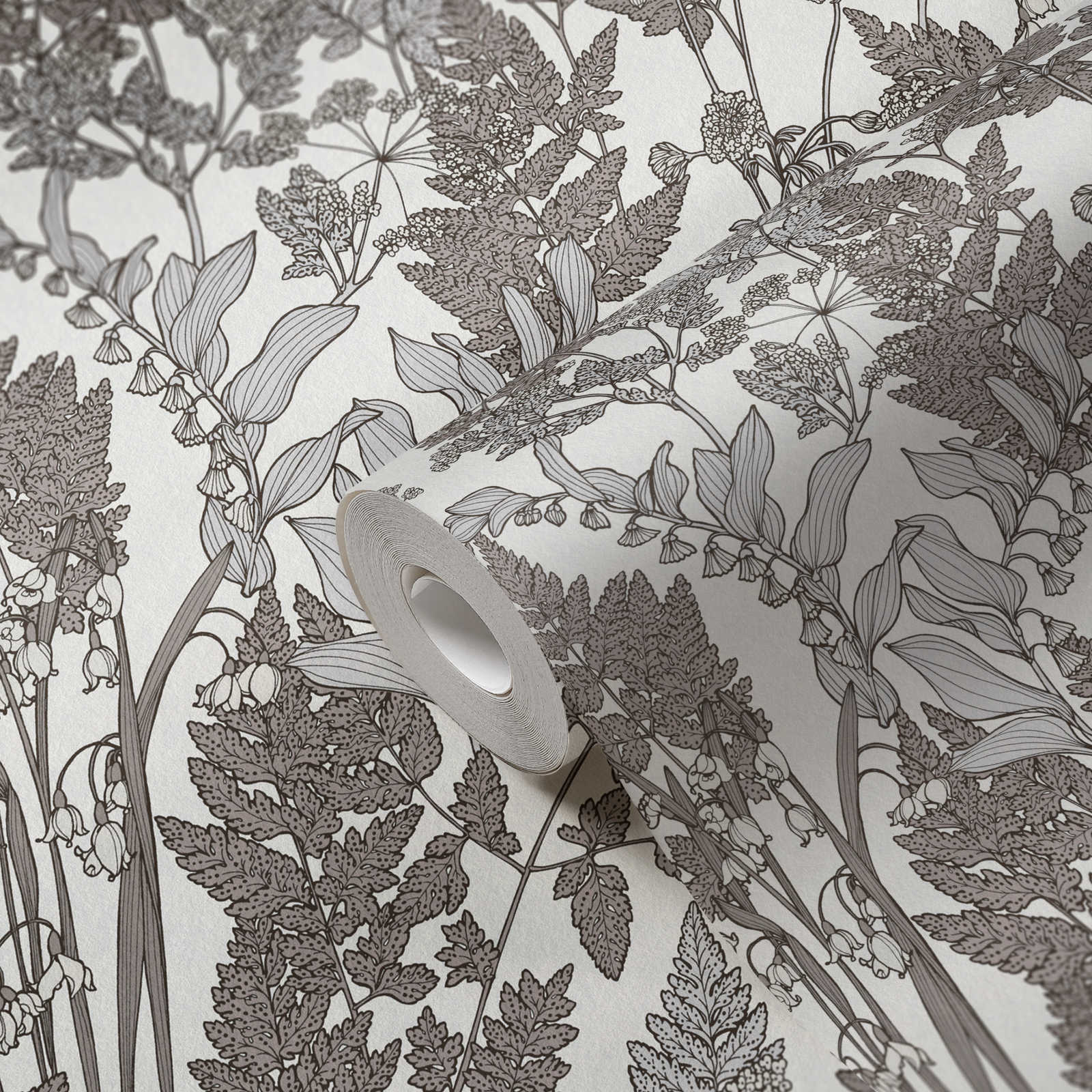             Nature wallpaper leaves & flowers in modern country style - grey, white
        