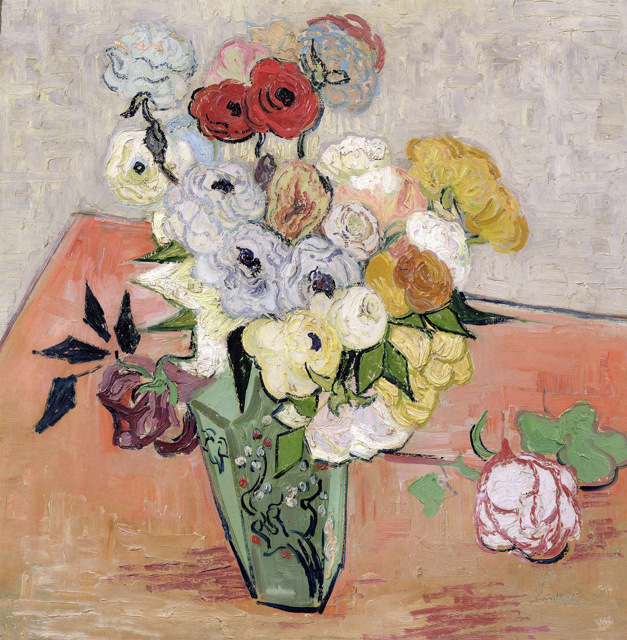             Natura morta con rose e anemoni in vaso giapponese" murale di Vincent van Gogh
        