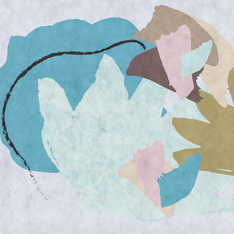 Collage Floral 1 - Papel pintado abstracto con impresión digital, estructura de papel secante colorido - Beige, Azul | Tejido no tejido liso mate
