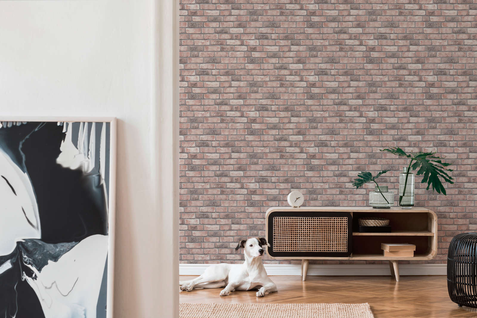             Wallpaper with brick motif - grey, beige
        