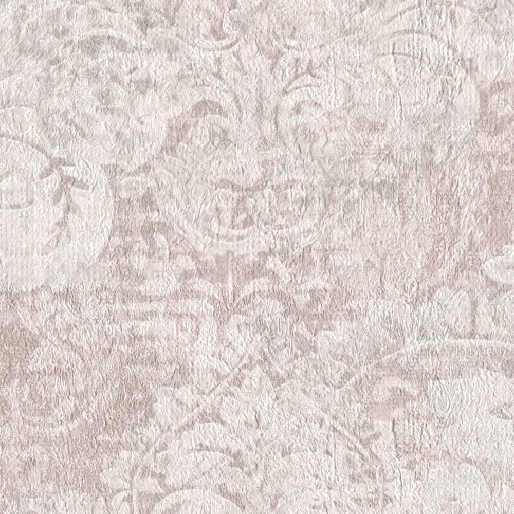             Papel pintado no tejido vintage rosa viejo con adornos - crema
        