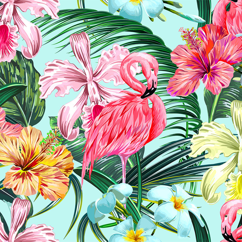         Tropical mural with flamingo - colourful, blue, green
    