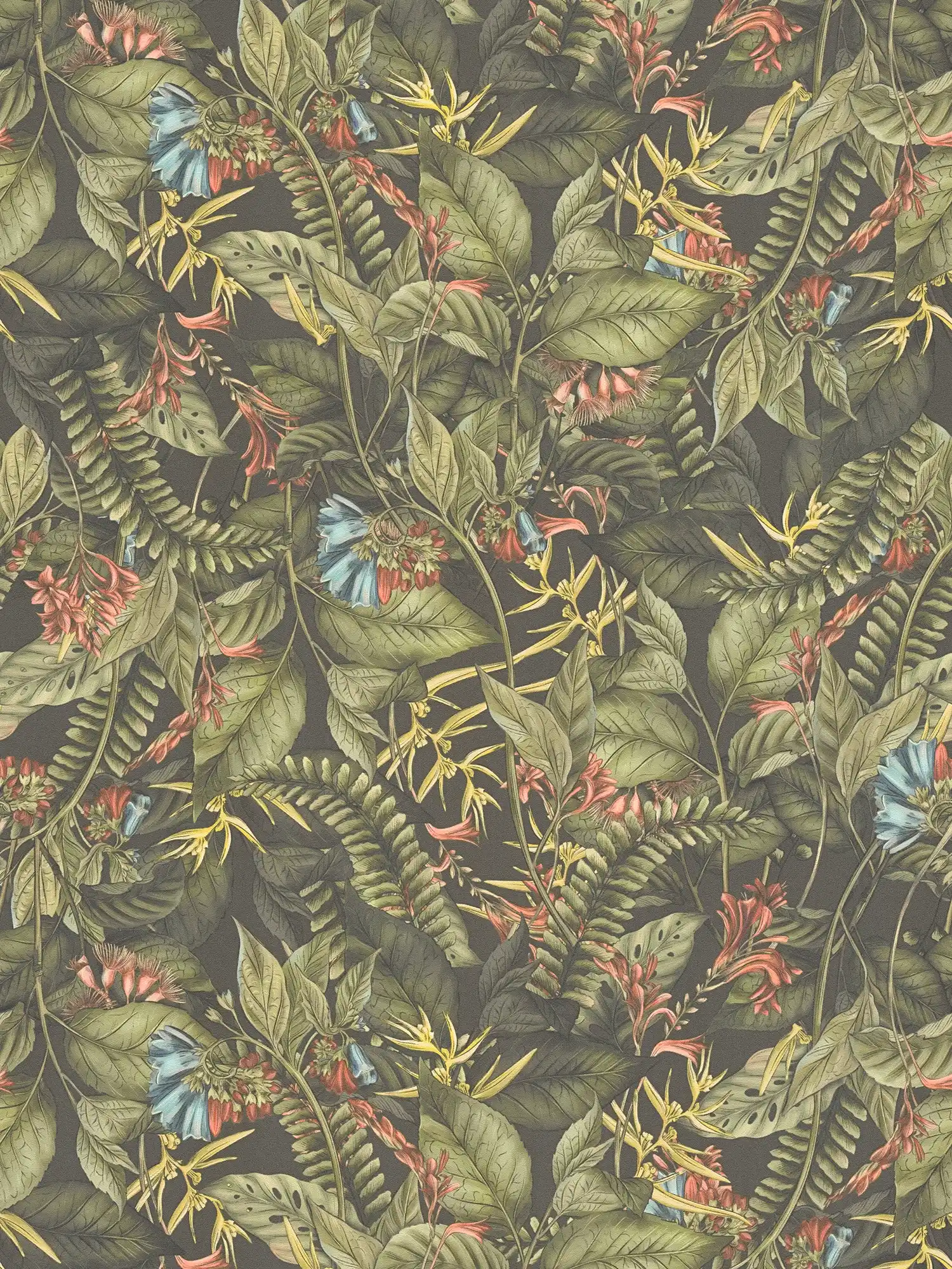 Wallpaper with leaves & flowers in floral style textured matt - green, dark green, red

