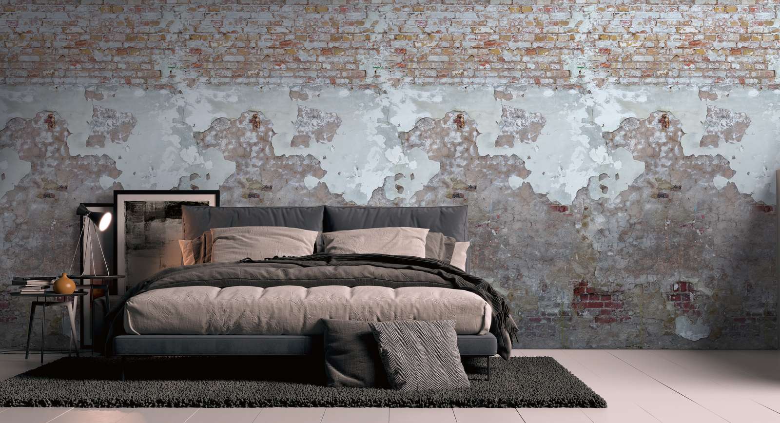             Stone wall effect wallpaper in used look - grey, beige, red
        
