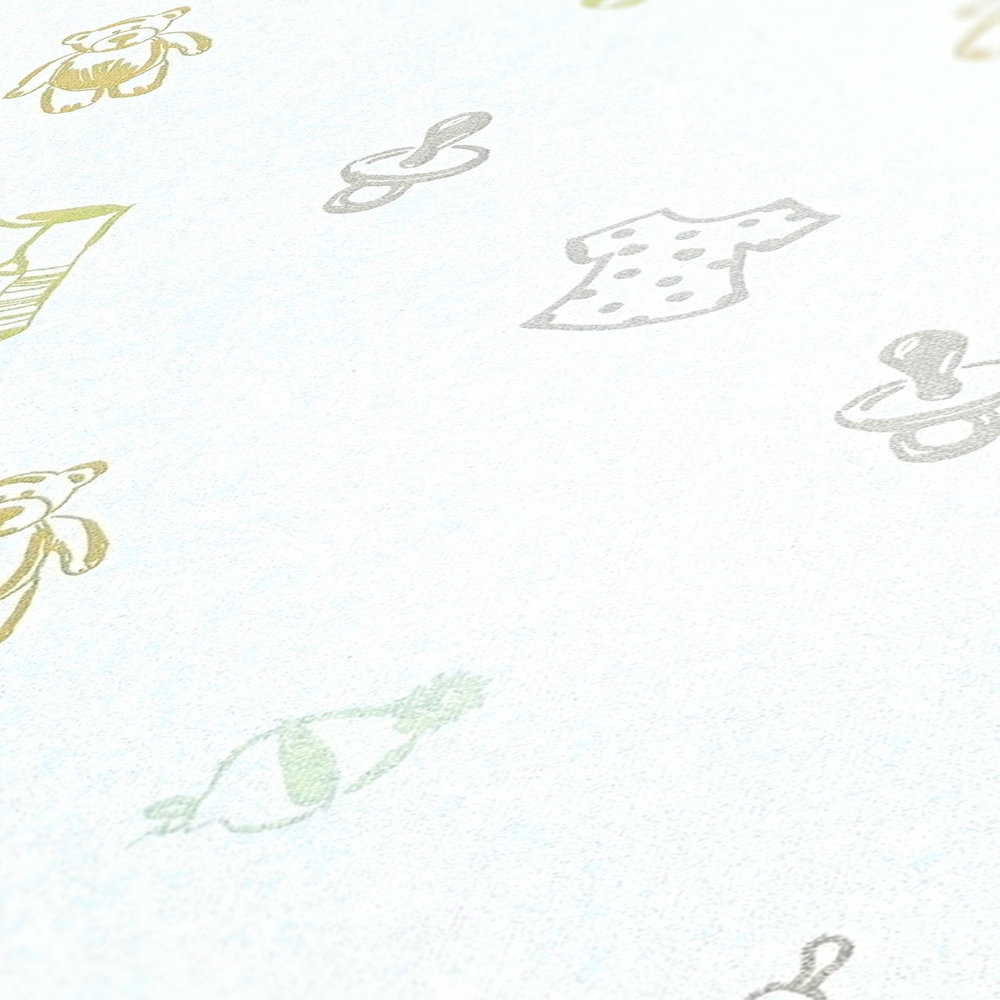             Wallpaper baby room with cute pattern - metallic, white
        