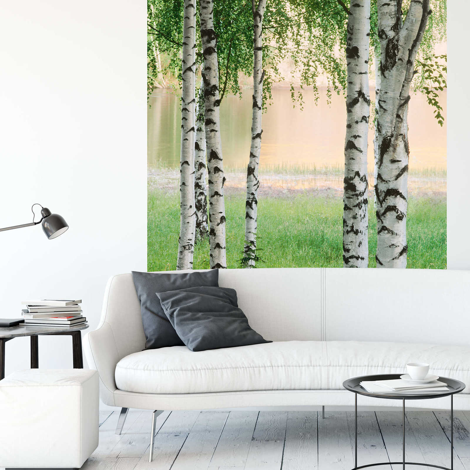             Forêt de bouleaux Papier peint panoramique Arbres au bord du lac, portrait
        