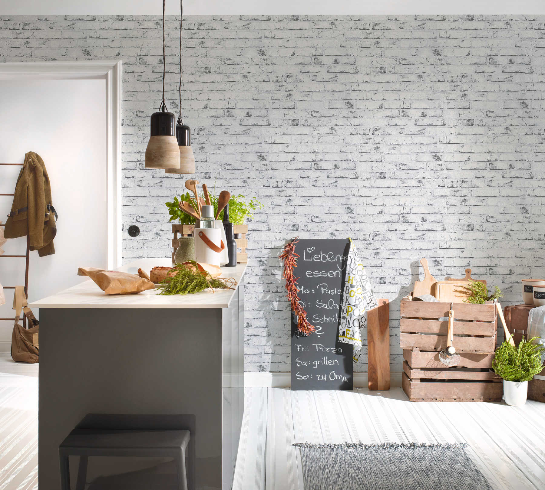             Wallpaper stone look with brick motif & 3D effect - grey, beige
        