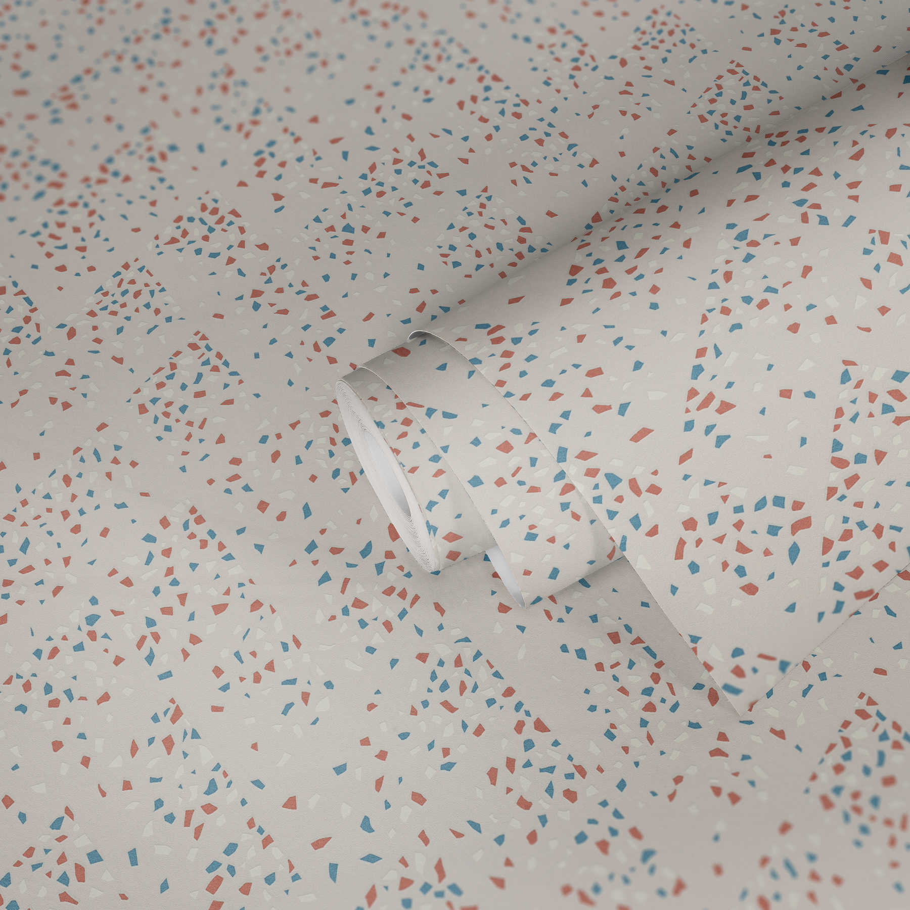             Non-woven wallpaper with terrazzo pattern - blue, pink, white
        