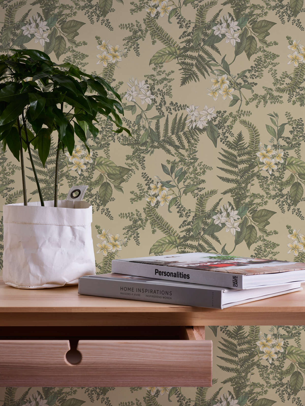             papier peint en papier style floral avec fleurs & herbes structuré mat - vert, vert foncé, blanc
        